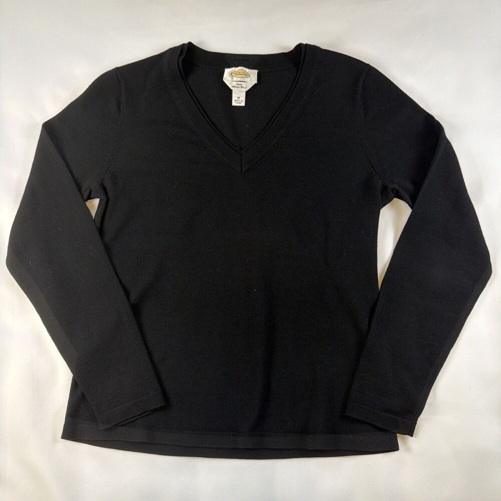 Talbots Sweater Womens Medium M Black 100% Merino Wool V-Neck Lightweight Knit